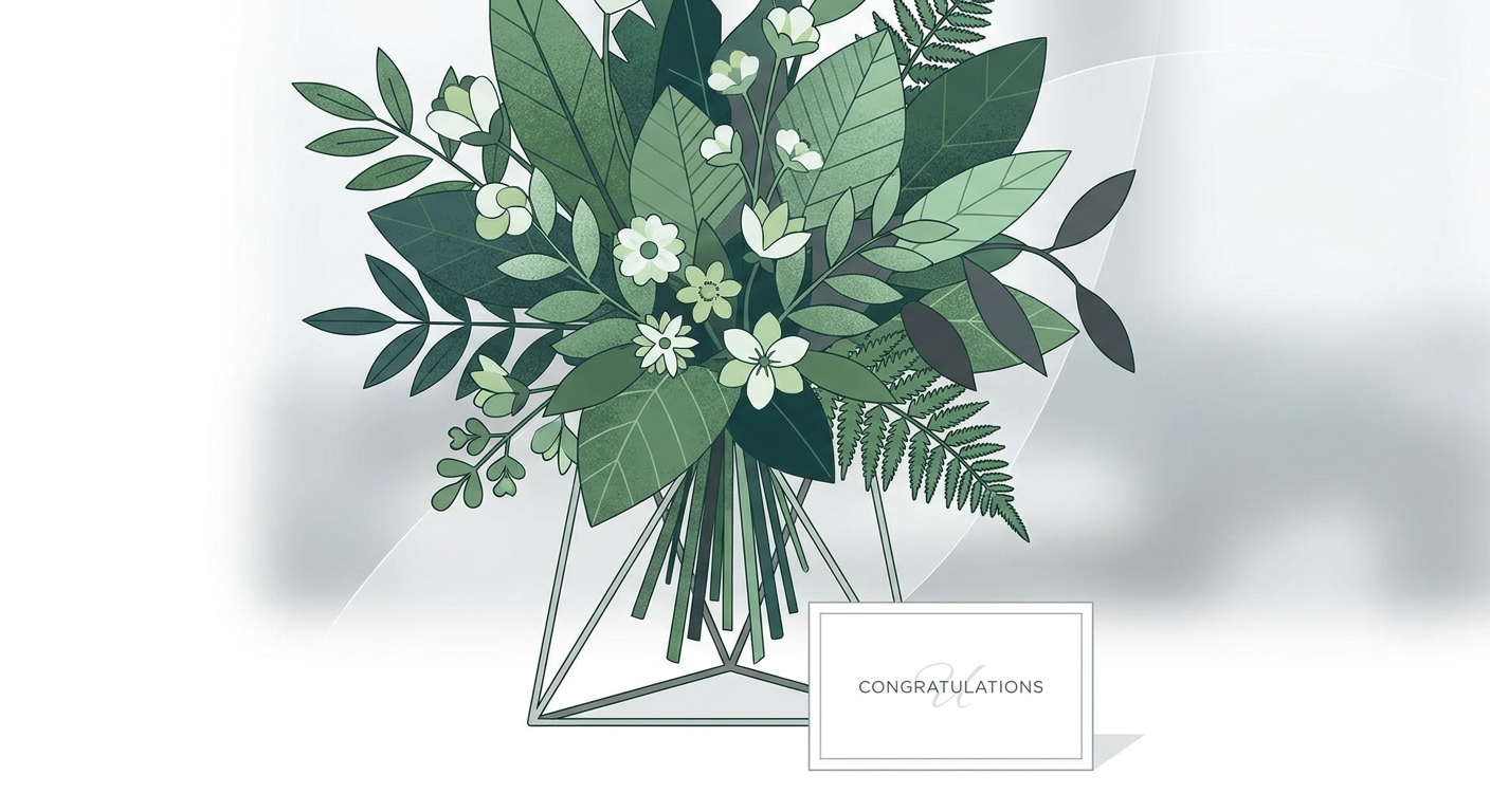 A close-up shot of a delicate, intricate green flower arrangement within a larger standing flower display (フラスタ), highli
