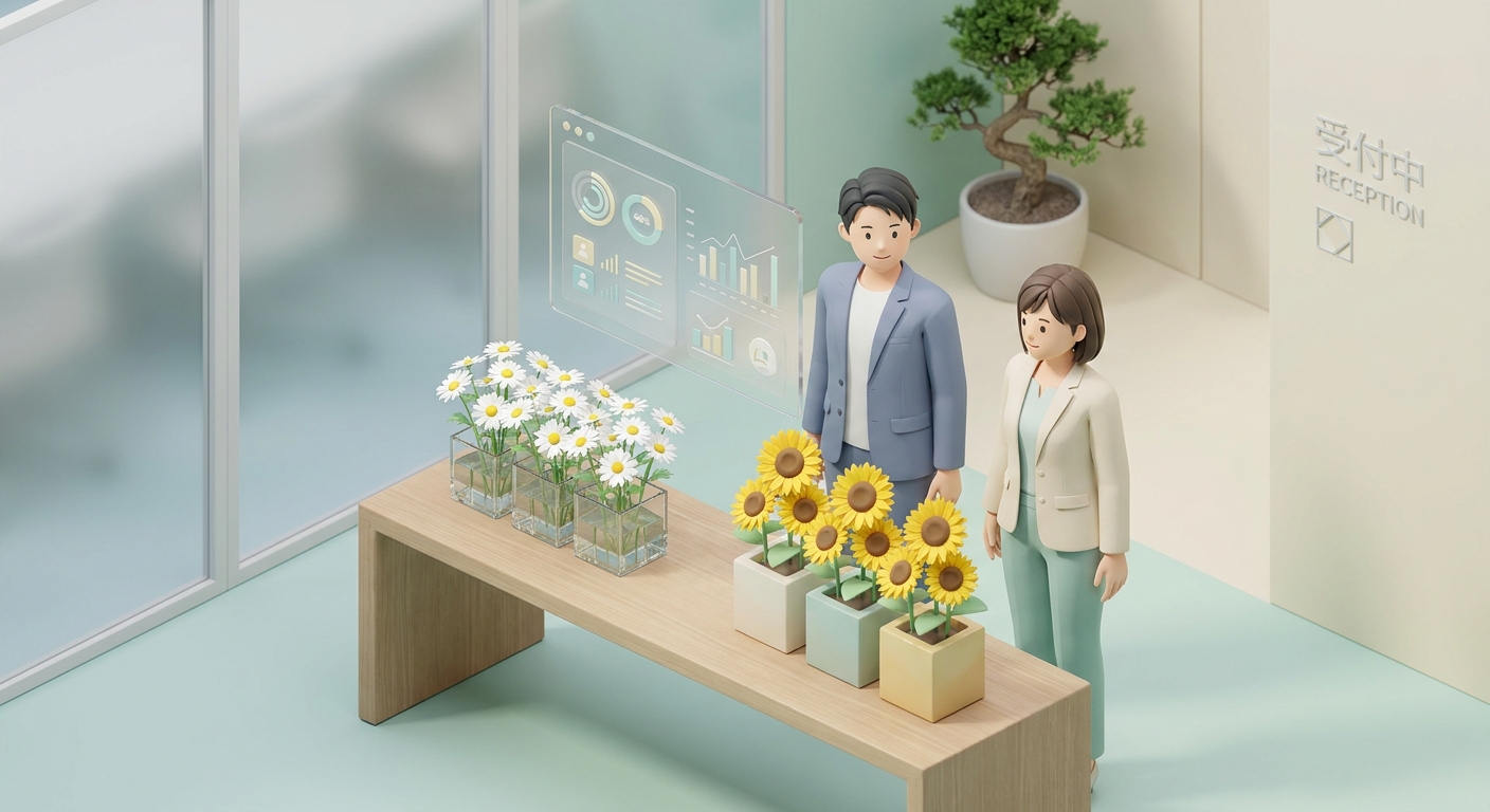 A side-by-side display of white field chamomiles and bright yellow sunflowers, neatly artistic composition