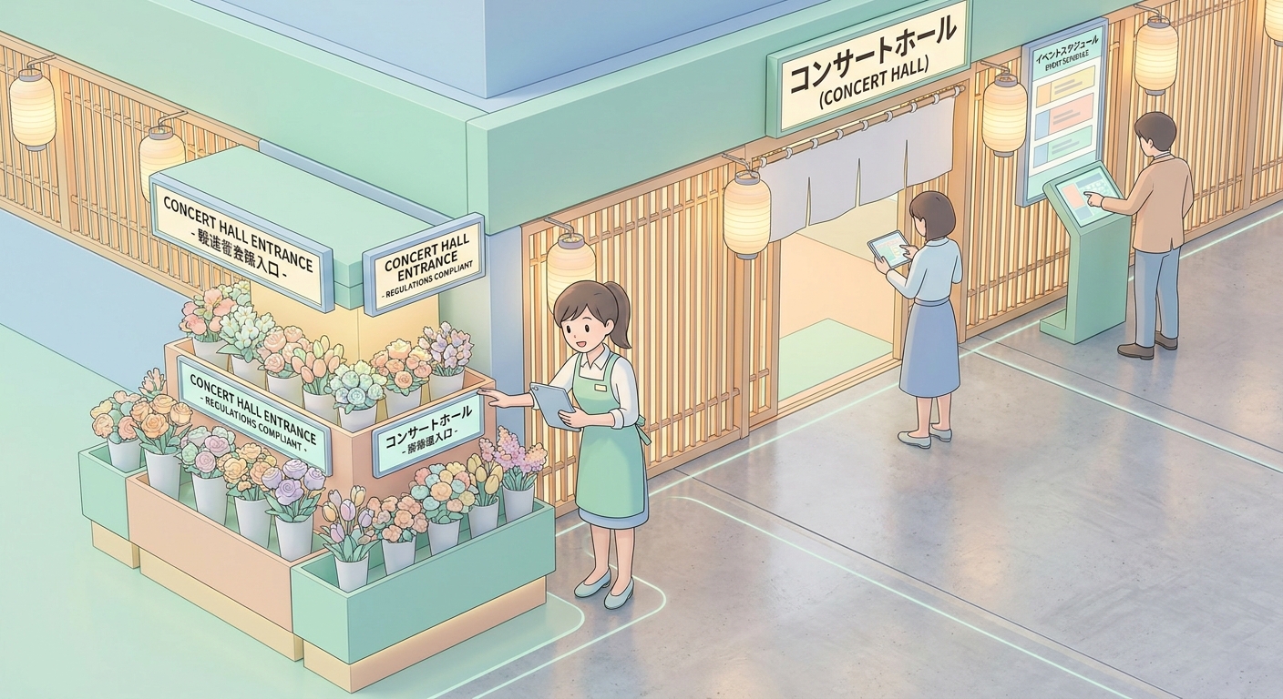 A professional florist arranging a grand flower stand at the entrance of a large concert venue, ensuring every detail is