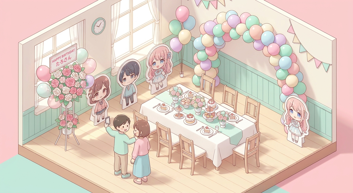 A beautifully decorated rental space for an anime character's birthday party, featuring colorful balloons, a custom flow