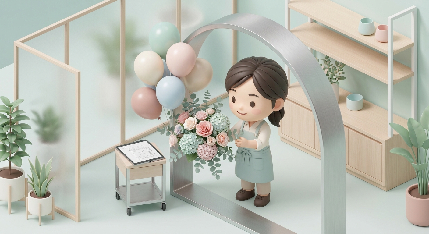 A professional florist carefully arranging fresh flowers and balloons on a large metal frame to create a stunning custom