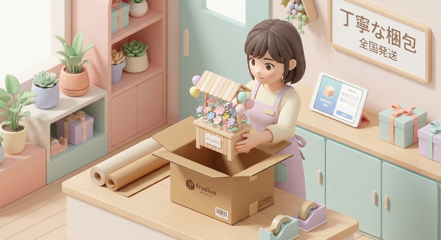 A professional florist carefully packaging a tabletop flower stand into a sturdy cardboard box for safe shipping, with c