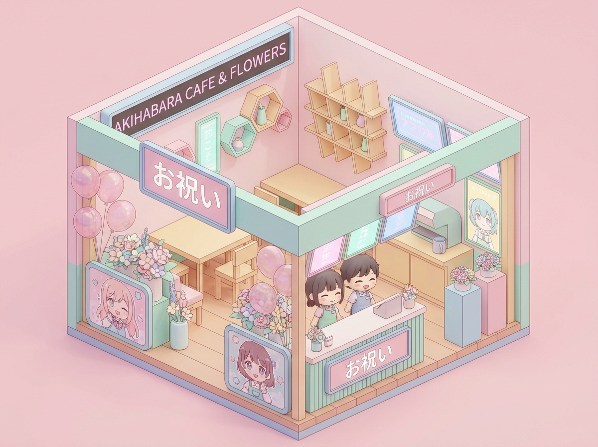 A colorful and stylish flower stand with pastel pink balloons and custom character panels, beautifully decorated inside