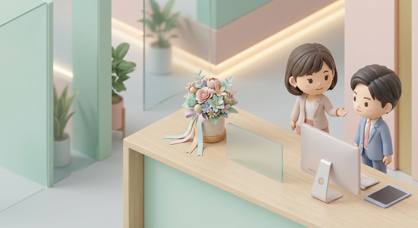 A small compact desktop flower arrangement with ribbons and a miniature panel placed on a clean wooden table