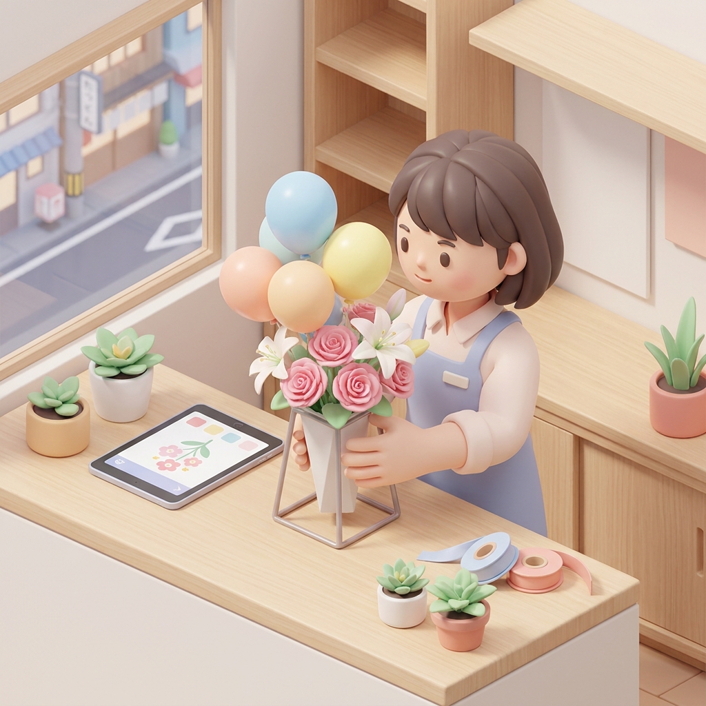 A close-up of a florist's hands carefully arranging bright roses, lilies, and pastel balloons for a custom flower stand 