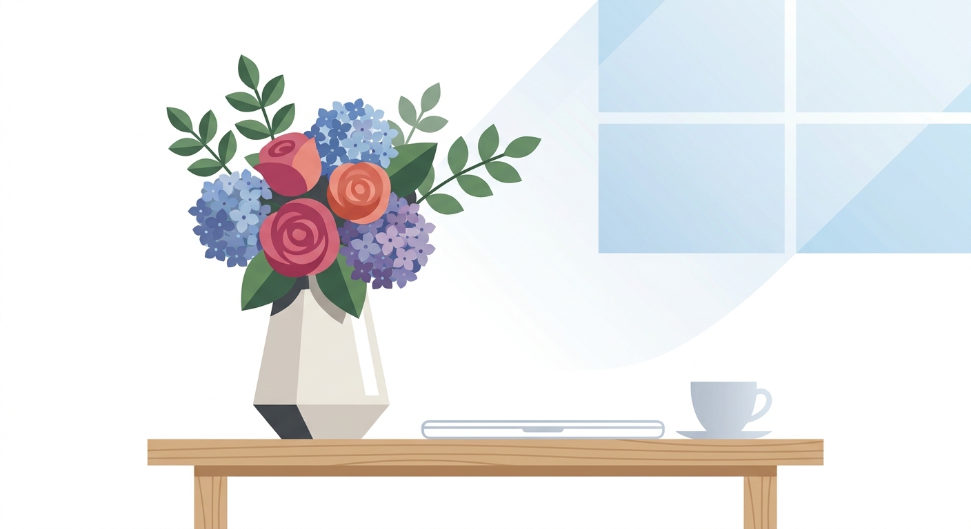 A beautiful, medium-sized flower arrangement in a stylish ceramic vase, featuring a mix of vibrant roses, hydrangeas, an
