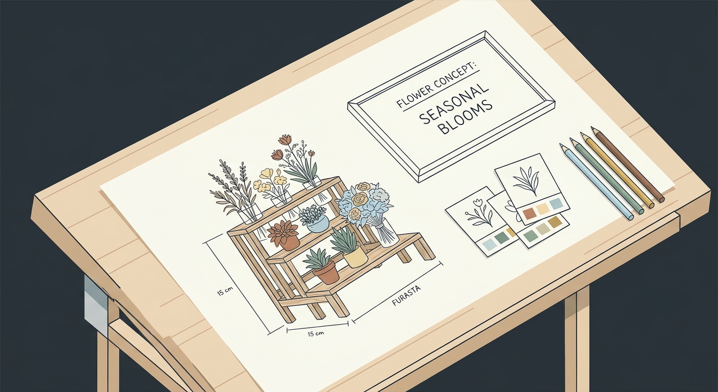 A hand-drawn sketch of a flower stand (furasta) design, showing different flower arrangements, colors, and a message boa
