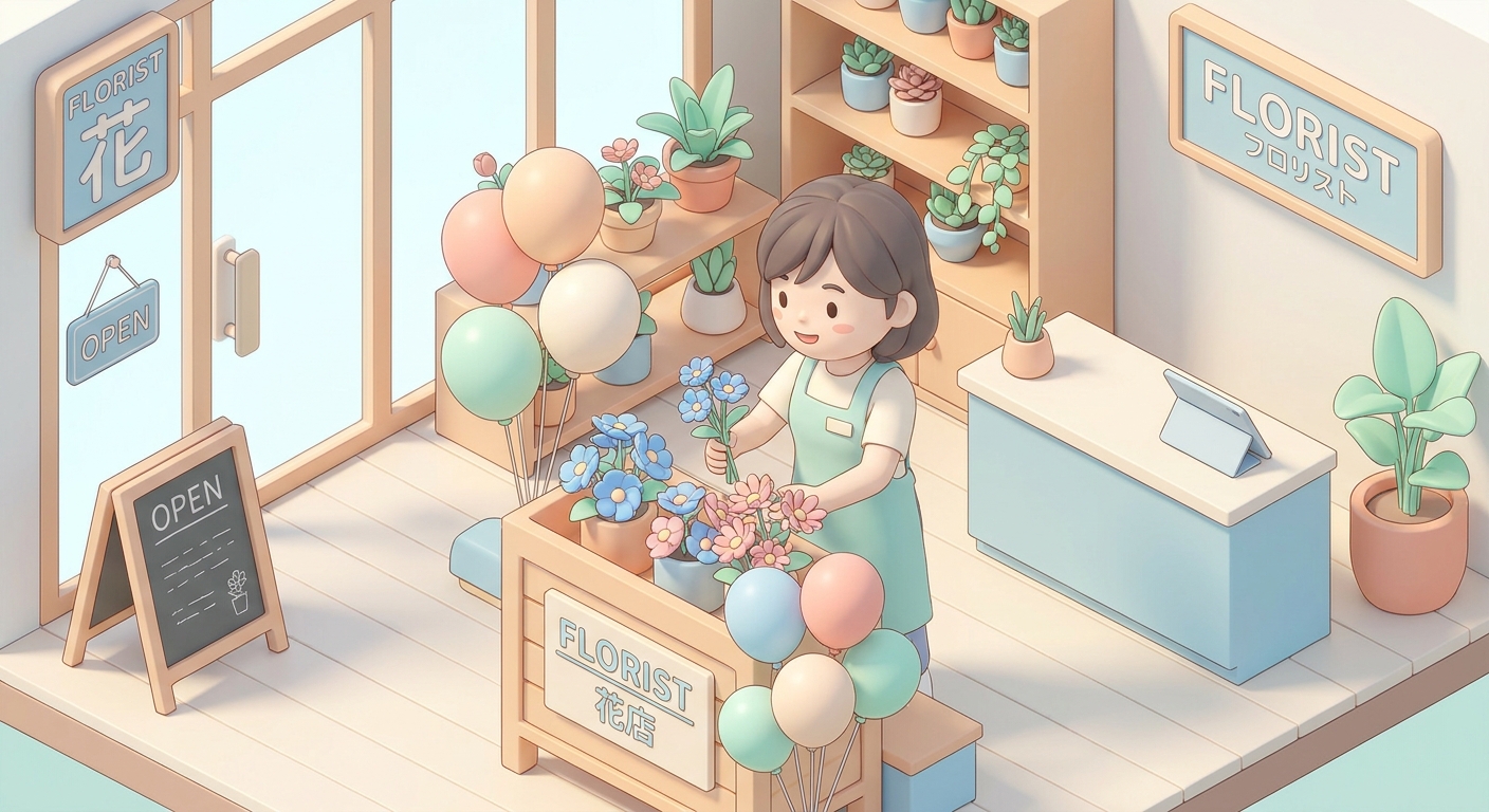 An artist florist carefully arranging vibrant blue and pink flowers into a custom flower stand with balloons in a bright