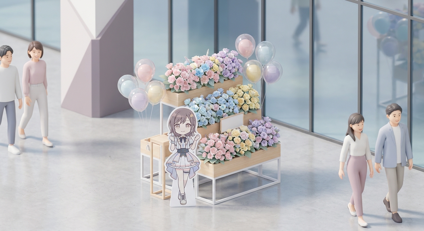 A colorful and stylish flower stand flasta with balloons and a character panel, displayed at a concert venue, bright lig