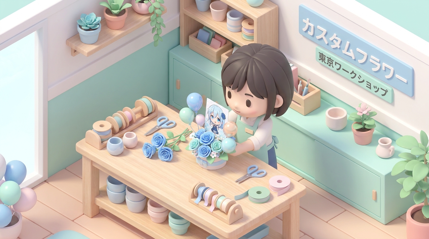 A detailed close-up of a flower shop workshop in Tokyo, where a professional florist is carefully assembling a custom-ma