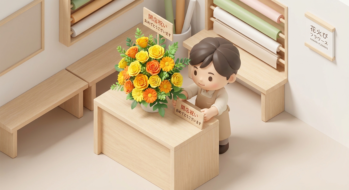 A professional florist carefully assembling a large, vibrant flower stand in a workshop, selecting bright yellow and ora