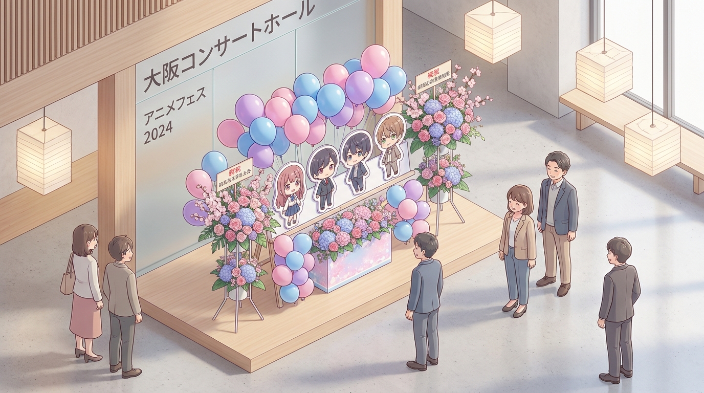 A stunning, vibrant anime-themed flower stand (flasta) displayed in a grand concert hall lobby in Osaka, featuring color