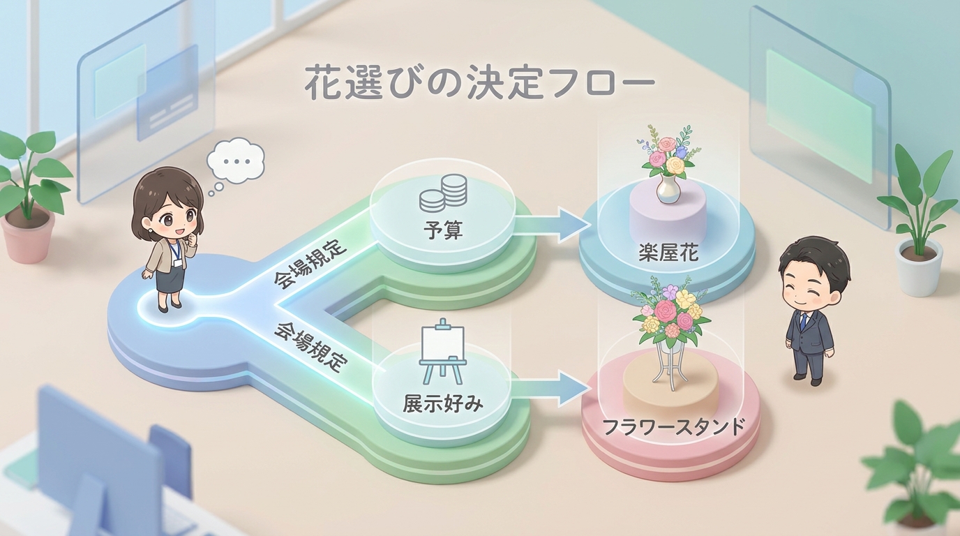 A helpful infographic diagram illustrating decision pathways for choosing between a dressing room flower and a flower st
