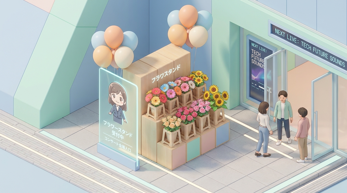 A beautiful and colorful flower stand with balloons and a character panel, displayed at a modern concert venue entrance,