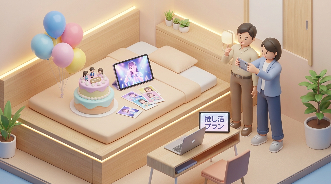 A stylish hotel room with a push-katsu (fandom support) theme, featuring a colorful cake, pastel balloons, and printed p