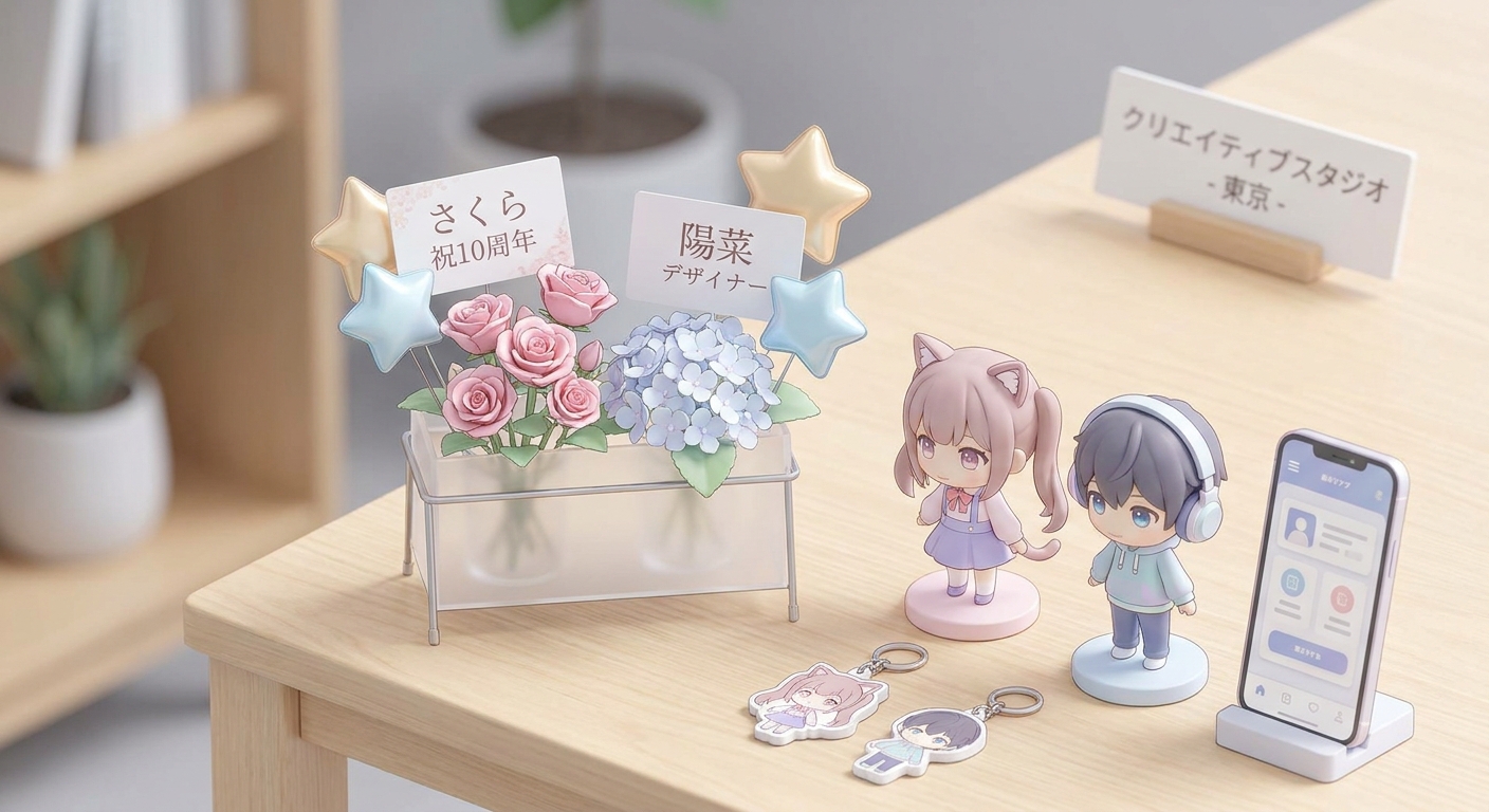 A close-up of a table-top flower stand (mini flasta) with pink roses, custom name cards, and small star-shaped balloons,