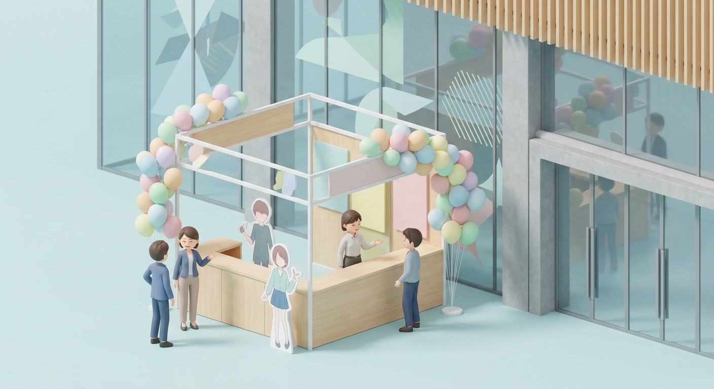 A beautiful and colorful flower stand decorated with balloons and character panels, standing in front of a modern concer