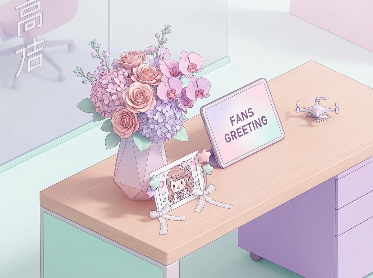 A close-up of a customized flower arrangement for an idol, featuring pastel pink and purple flowers with a cute hand-dra
