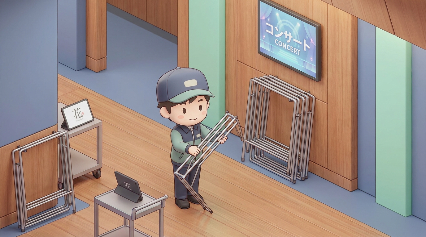 A flower shop delivery staff neatly collecting a flower stand frame after an event in a concert hall corridor