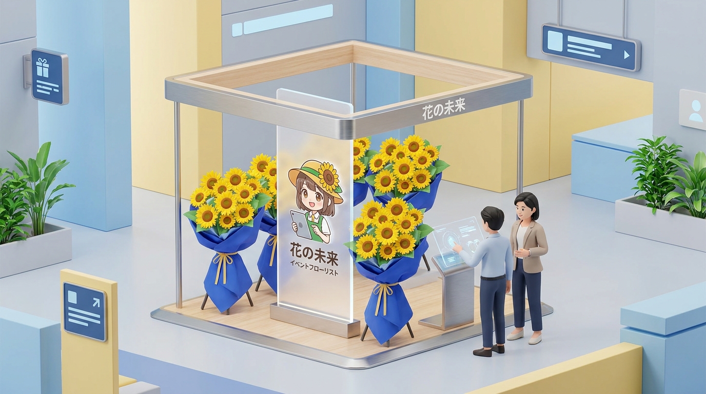 A stunning conceptual flower stand for an event, featuring a mix of bright yellow sunflowers and royal blue wrapping, wi