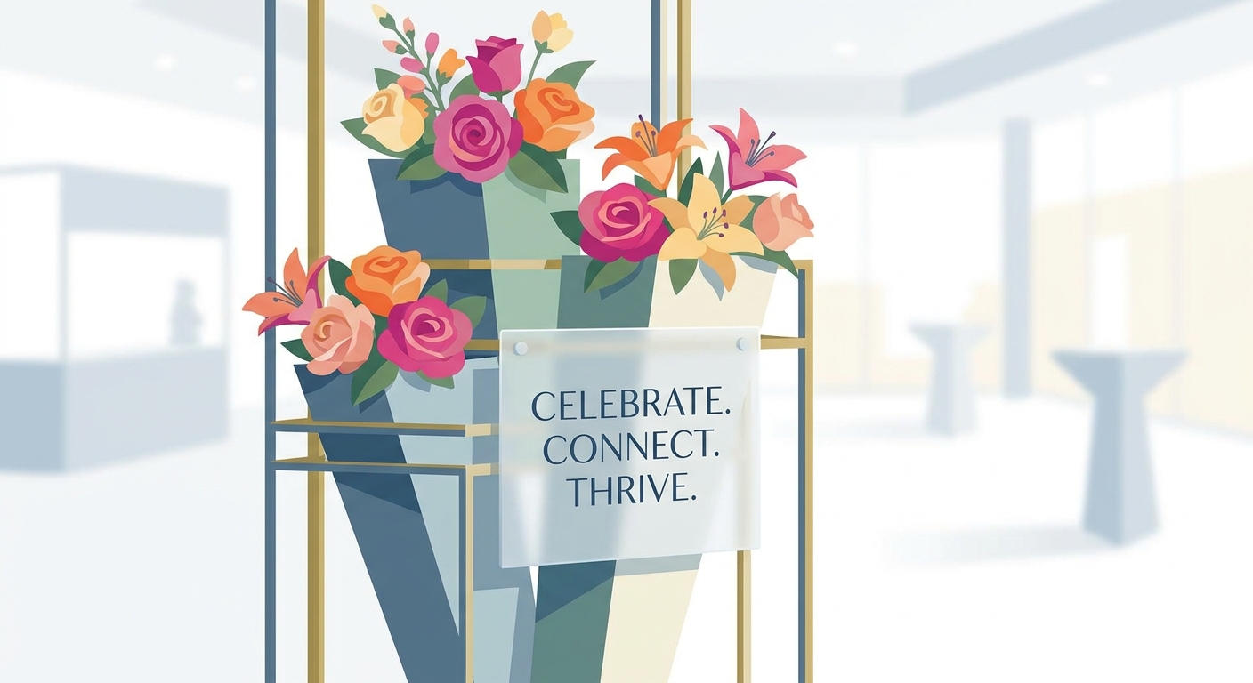 A beautiful, vibrant flower stand (flori-stand) with a clearly visible, elegantly designed name tag attached. The flower