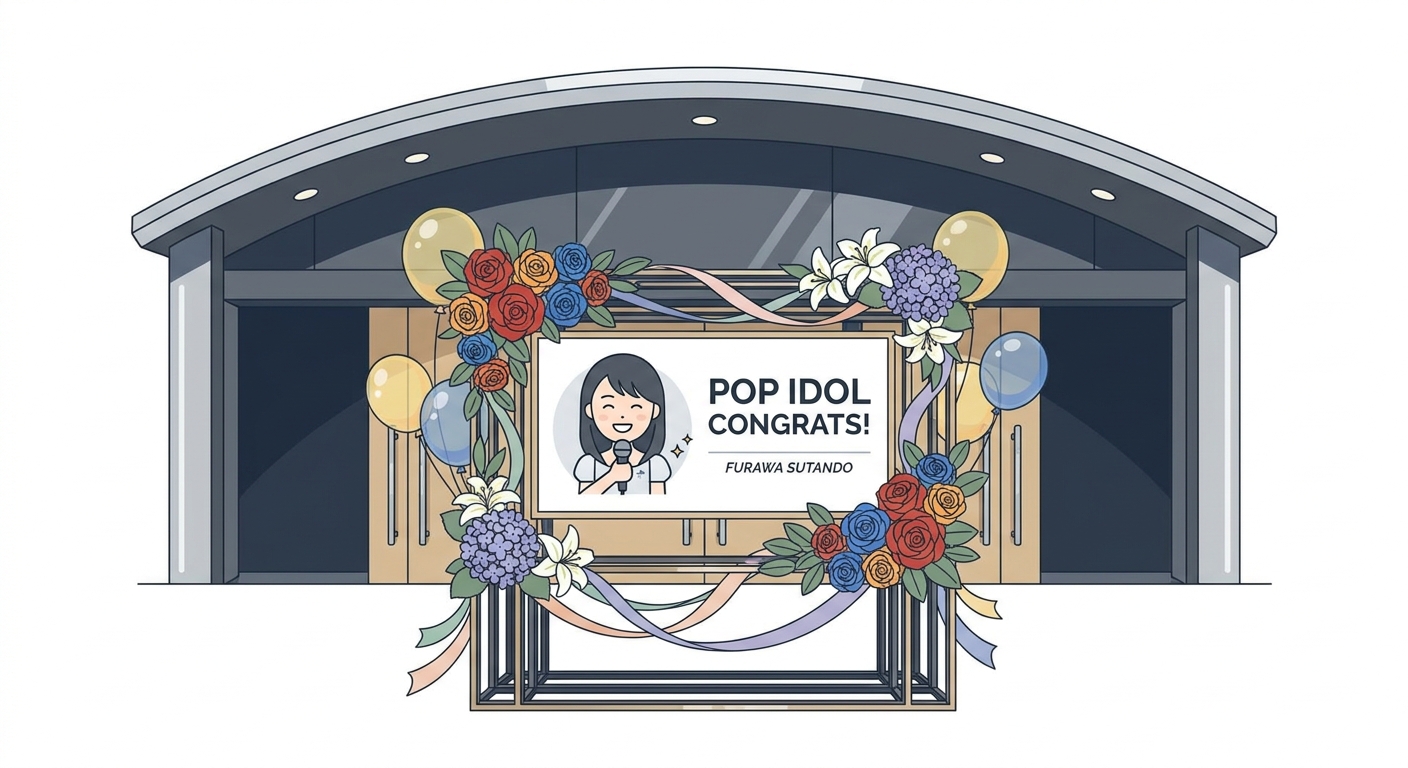 A vibrant, large floral stand (furawaa sutando) dedicated to a pop idol, featuring colorful flowers like roses, lilies,