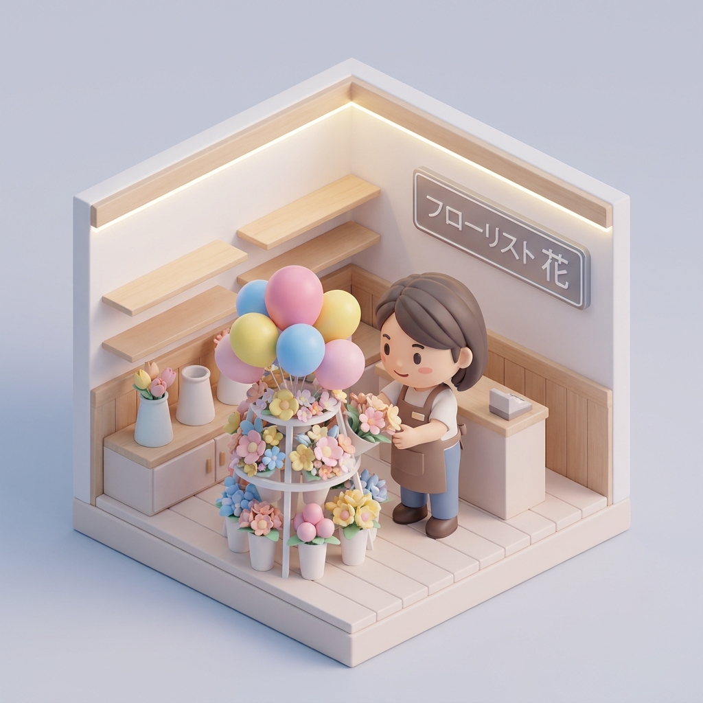 A professional florist carefully assembling a large-scale customized flower stand with colorful balloons in a brightly l
