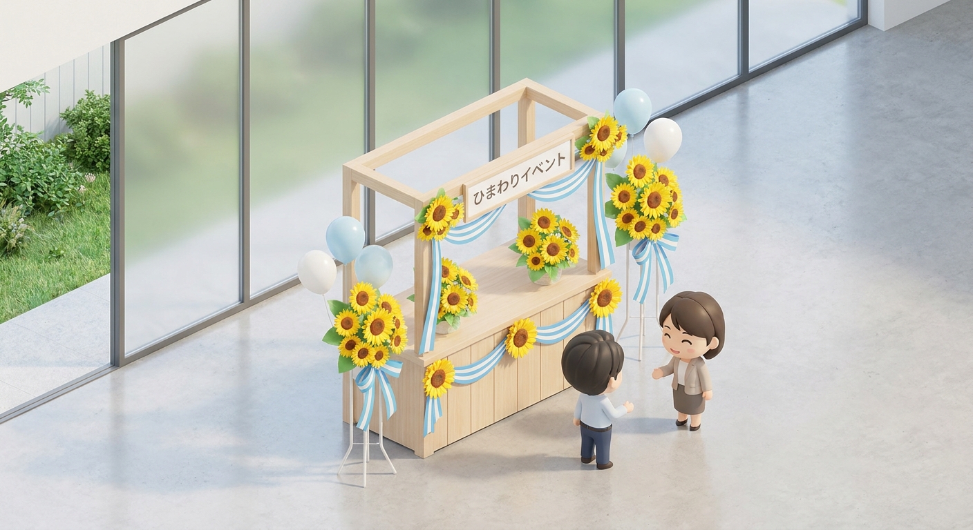 A flower stand decorated with vibrant yellow sunflowers paired with blue and white ribbons and balloons, elegant event h