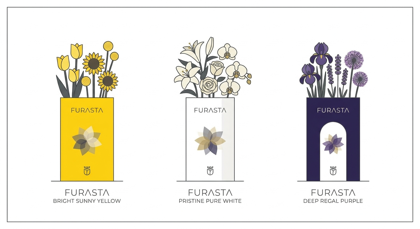 A row of three distinct single-color flower stands (furasta) lined up elegantly. One is in a bright, sunny yellow, anoth