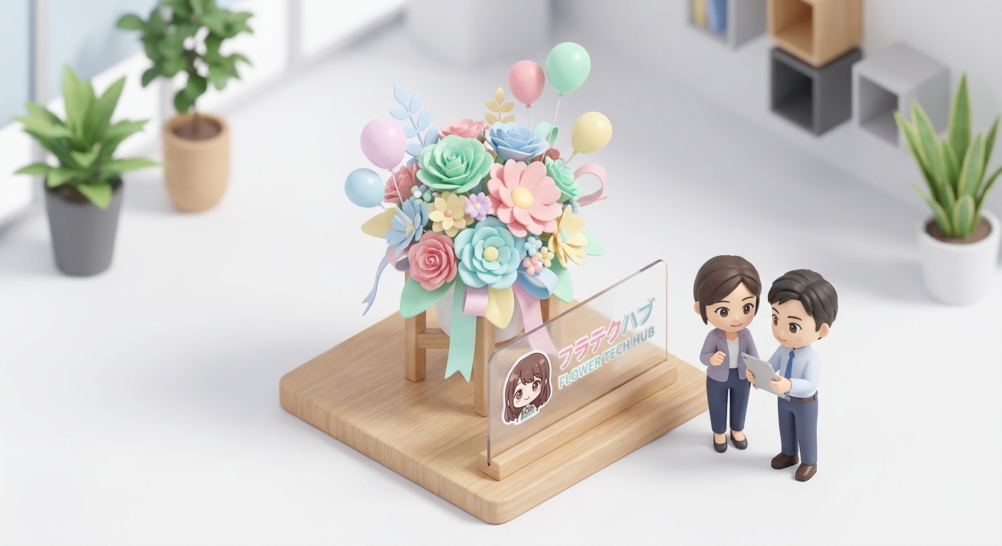A beautiful and colorful tabletop flower stand (flower arrangement) decorated with pastel-colored balloons, ribbons, and