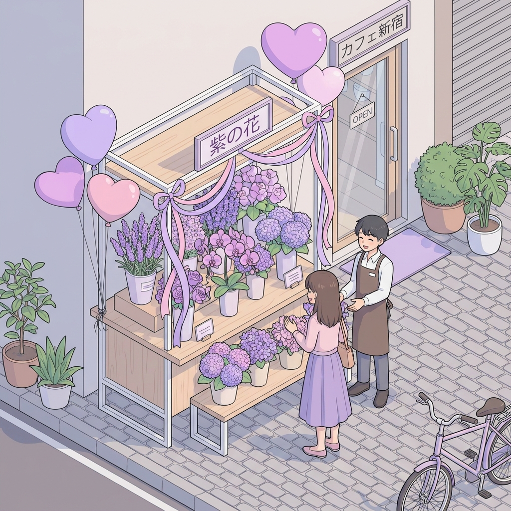 A beautiful flower stand with purple flowers, heart balloons, and elegant ribbons, placed next to the entrance of a mode