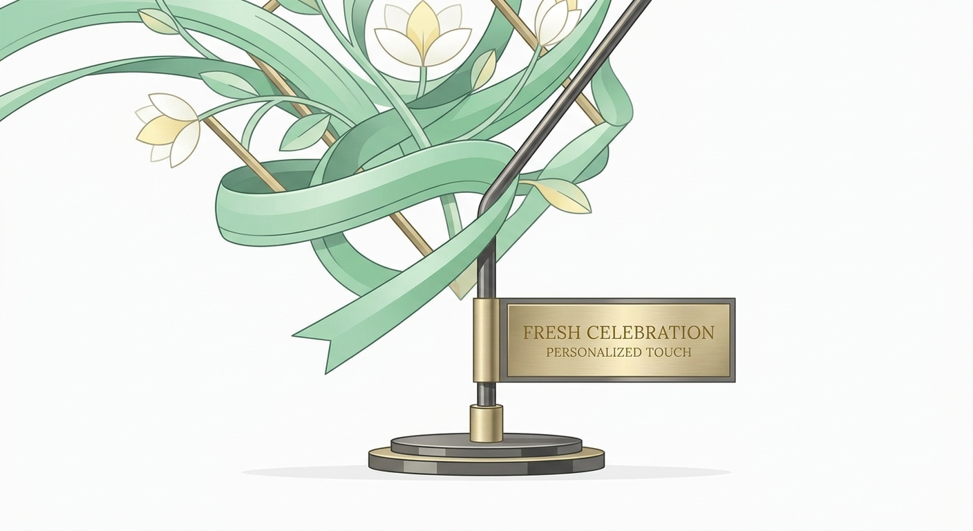 Close-up of a fan support flower stand (flag stand) showing intricate details of mint green ribbons interwoven with deli