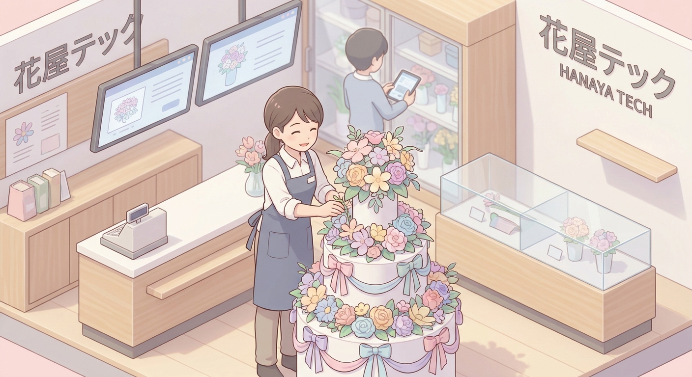 A professional florist carefully assembling a colorful flower stand in a bright, modern workshop, focusing on arranging