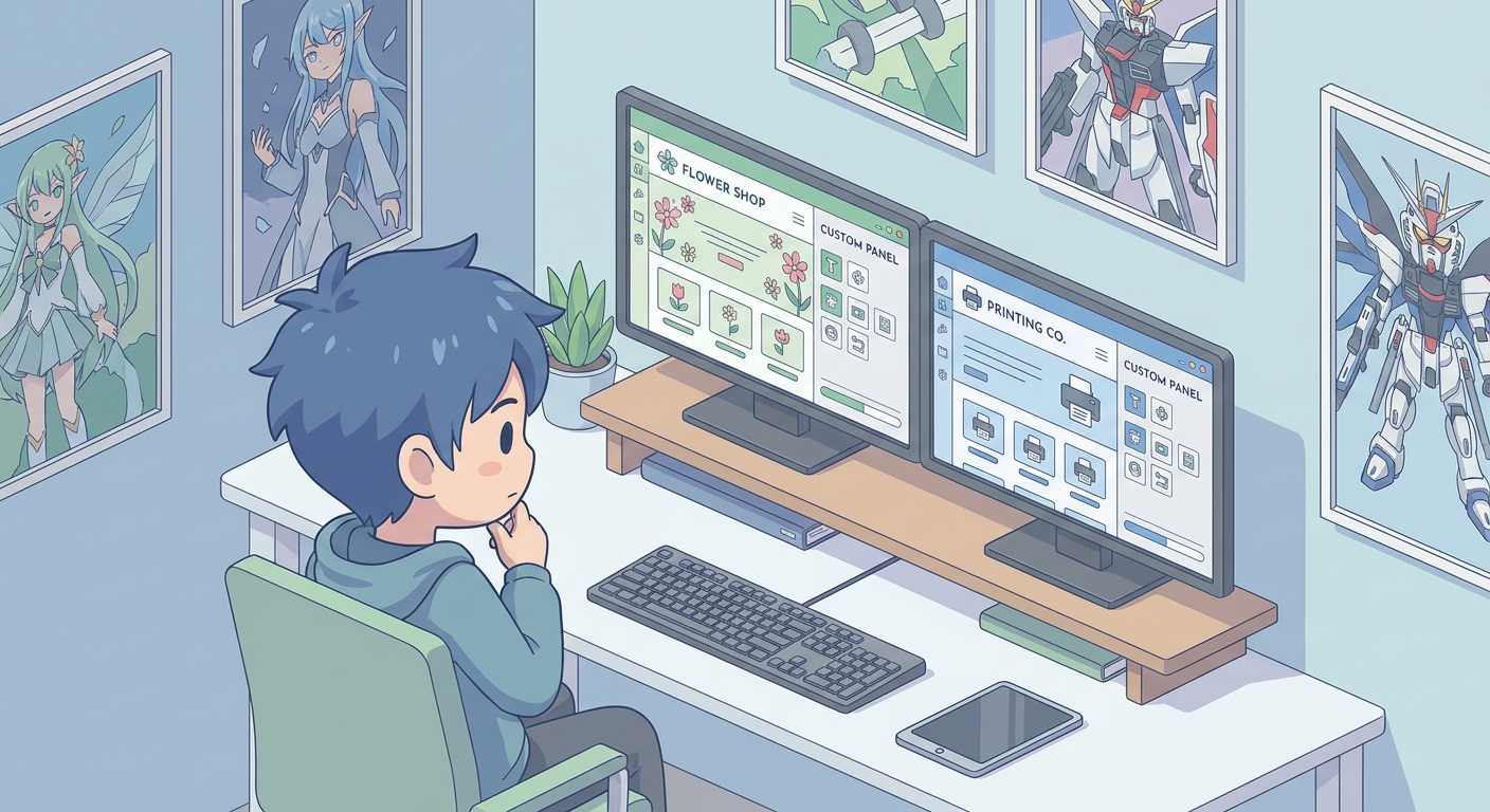 A young anime fan looking thoughtfully at a computer screen, comparing two options for creating a custom panel for a flo