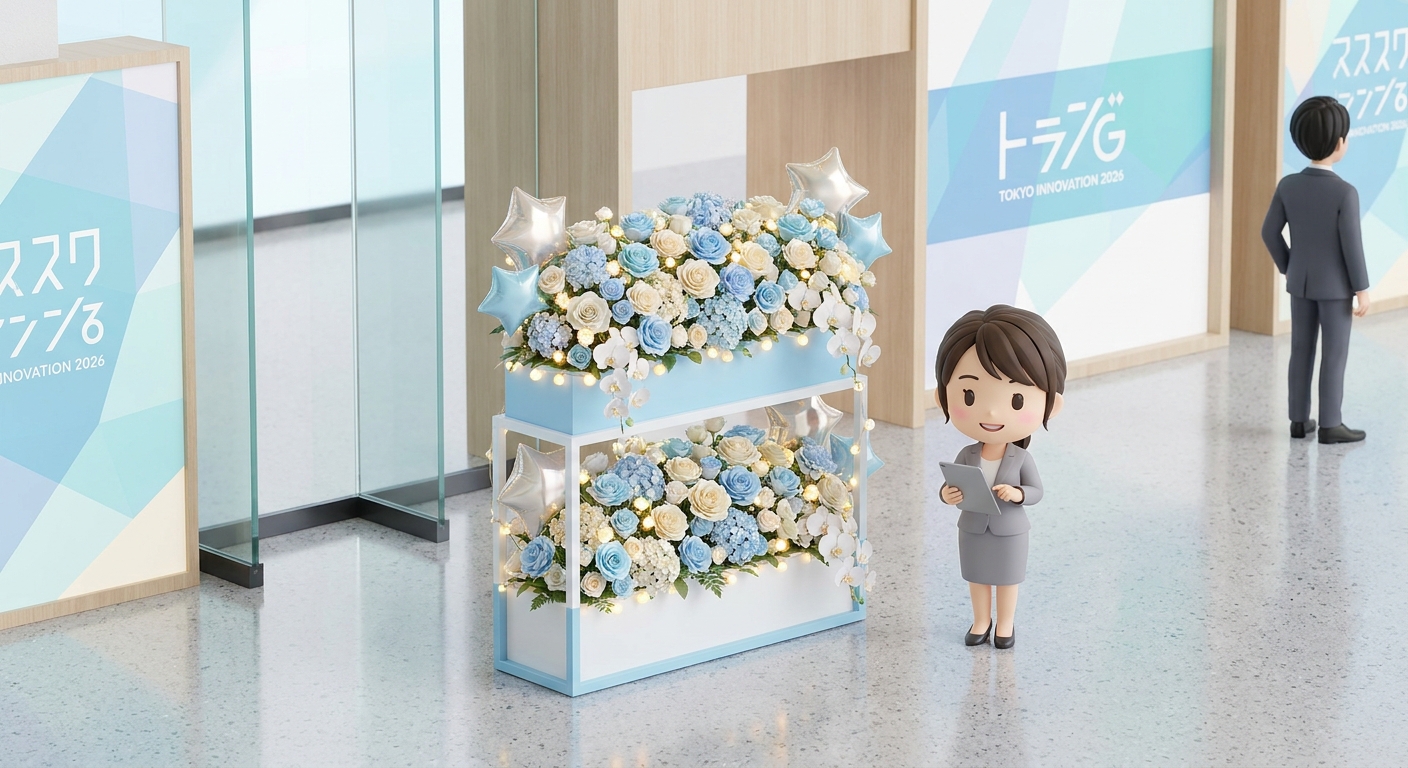 A grand double-decker flower stand (flasta) with vibrant blue and white flowers, decorated with fairy lights and star ba