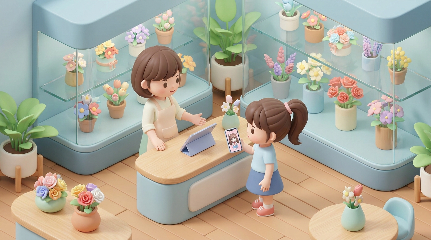 A friendly female florist in an apron is discussing a flower stand design with a young female customer in a flower shop.