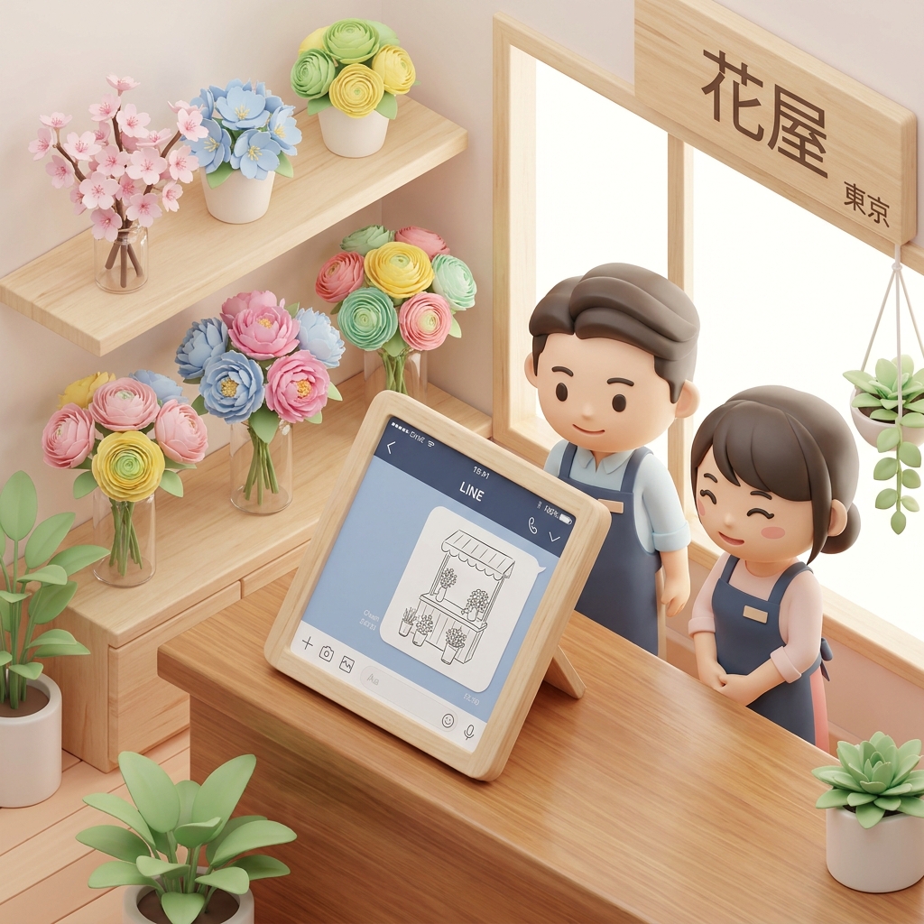 A bright and welcoming flower shop interior in Tokyo, with colorful bouquets displayed on wooden shelves and a digital t
