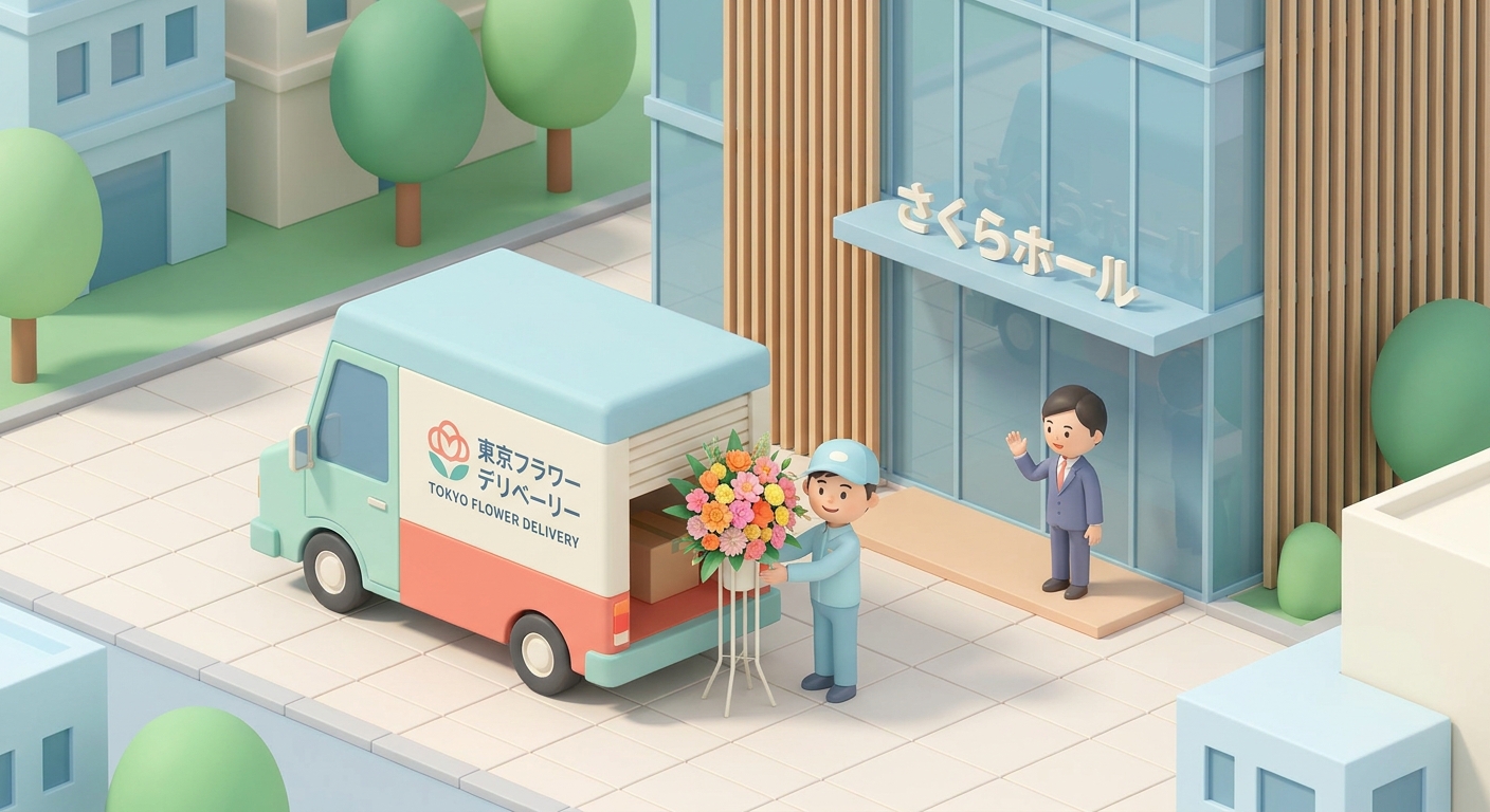 A delivery van parked outside a modern event hall in Tokyo, delivering a vibrant flower stand