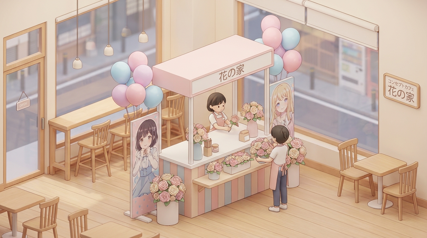 A colorful and stylish flower stand (flasta) themed for a Japanese concept cafe, decorated with pastel pink and light bl