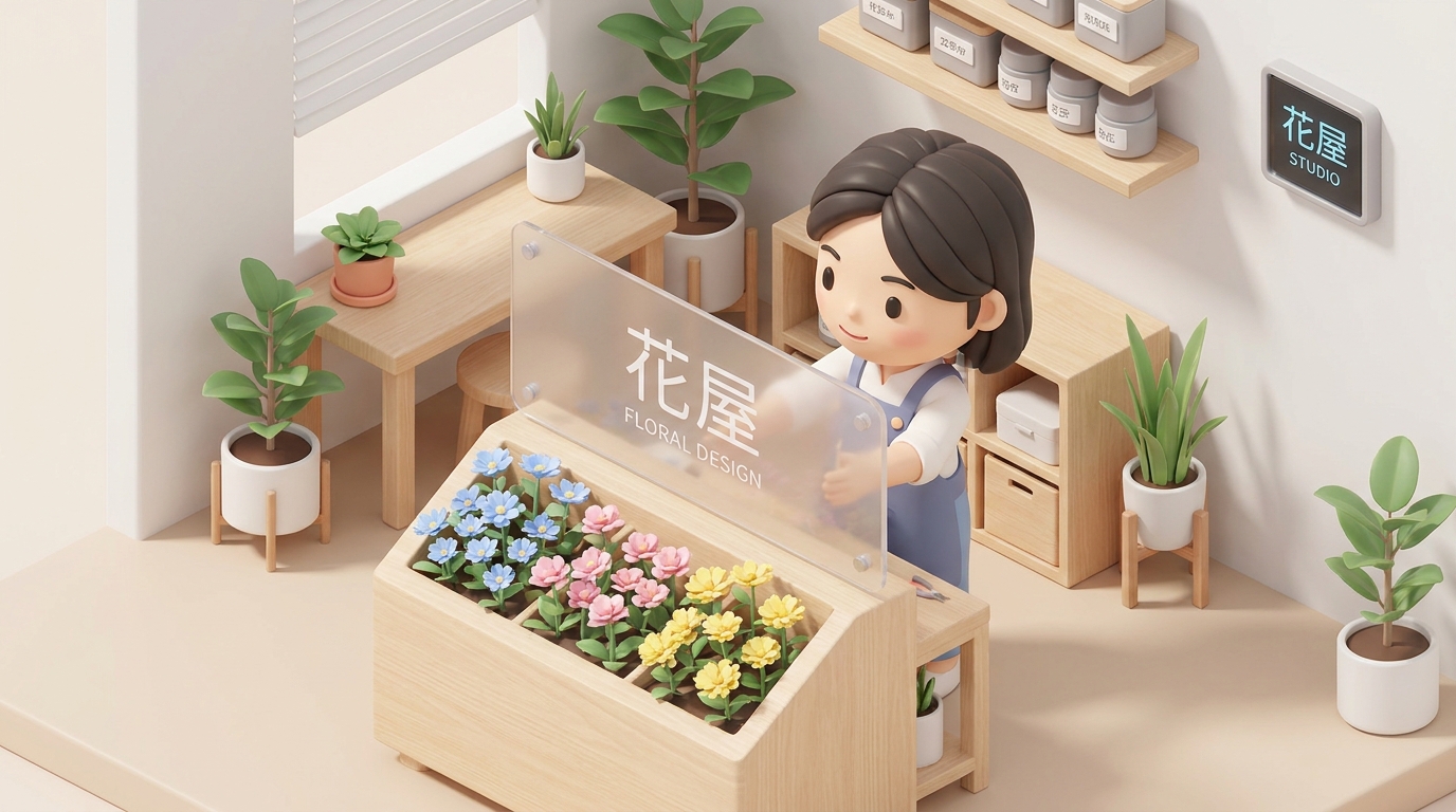 A professional florist carefully arranging vibrant flowers and attaching a customized acrylic panel onto a large, elegan