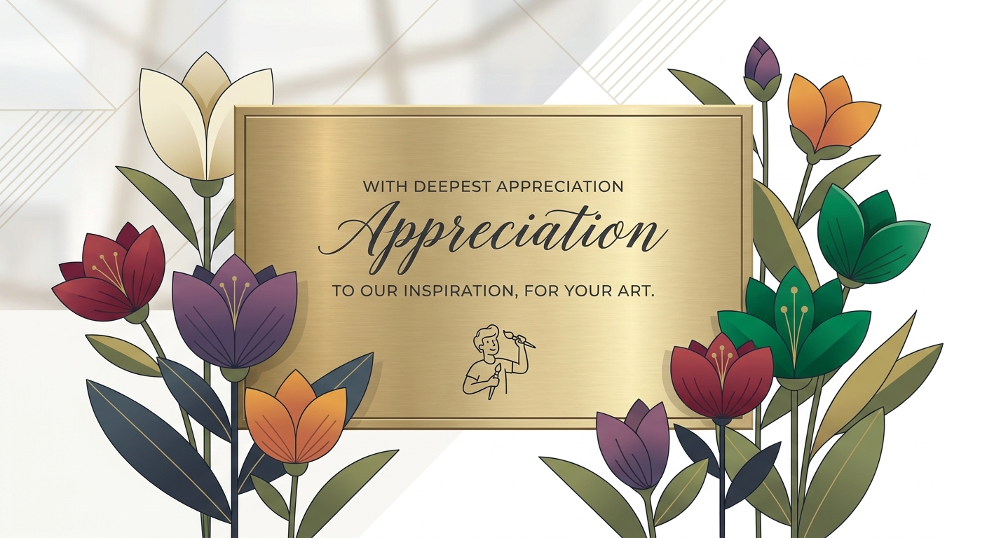A close-up of a dedication panel on a floral stand, showing a heartfelt message to an artist or performer, with beautifu