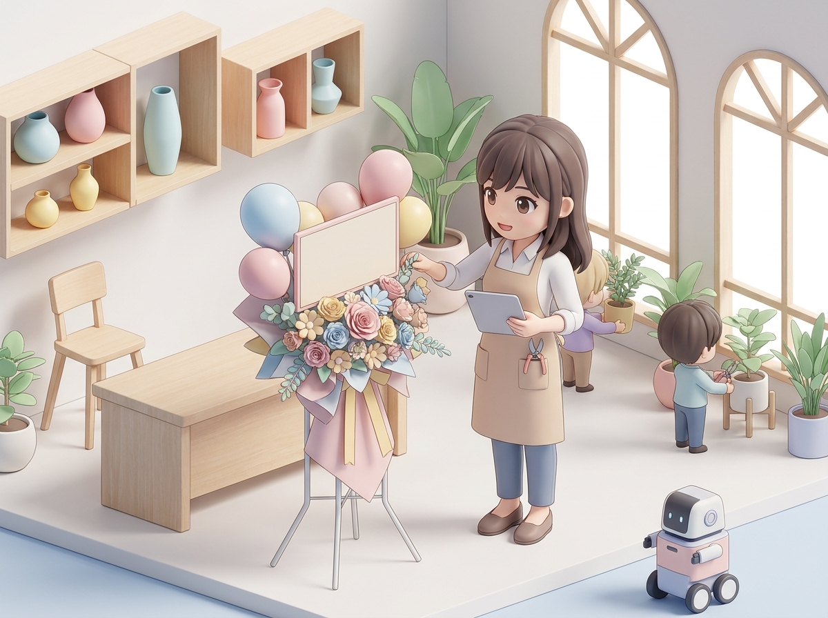 A professional florist carefully arranging a custom flasta, checking the balance of flowers, balloons, and a printed pan