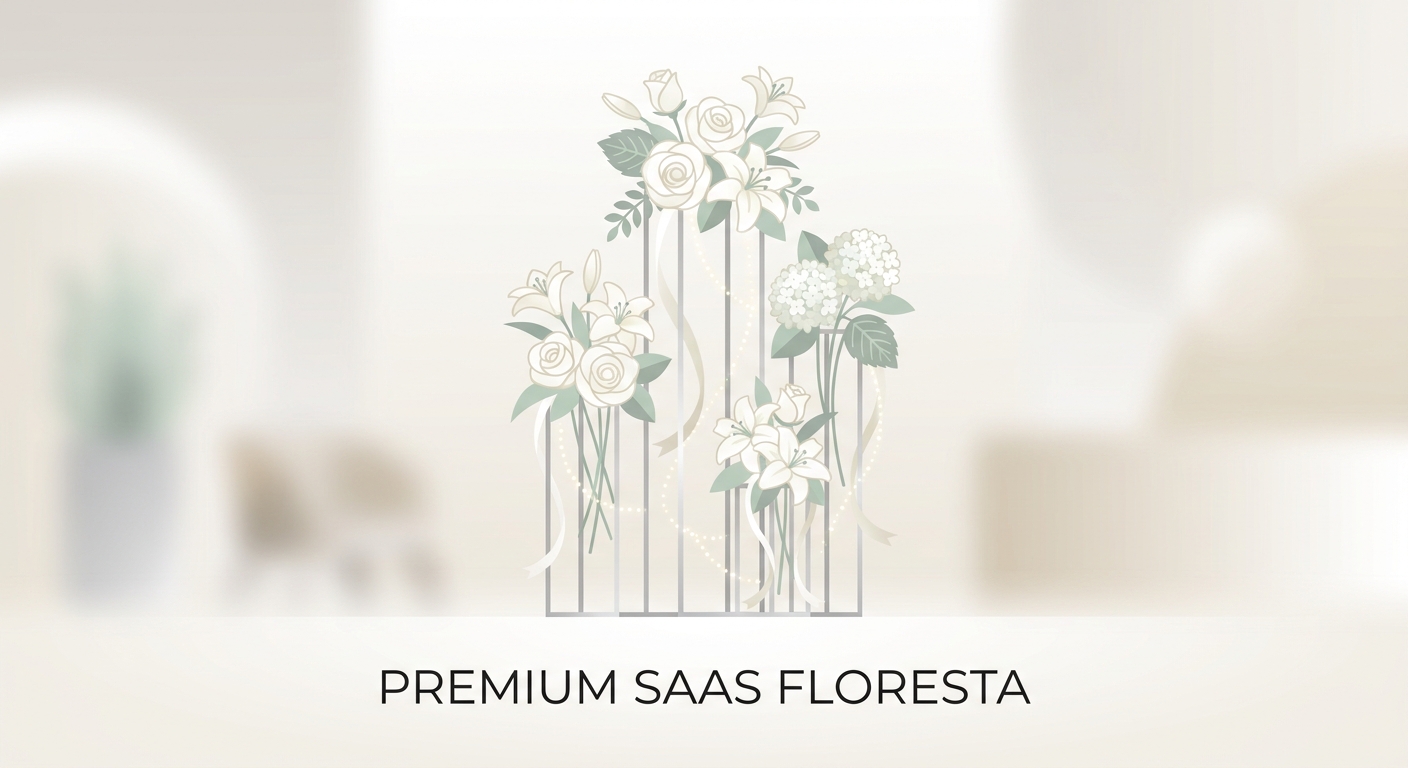A magnificent and elegant white flower stand (floresta) made primarily of white roses, lilies, and hydrangeas, with subt