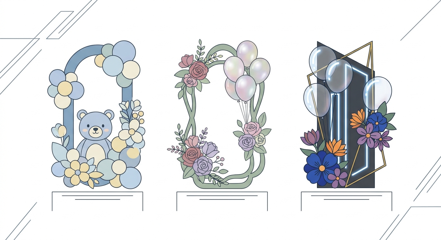 Three different styles of balloon and flower stands (フラスタ) side-by-side: one with a cute character theme, one with elega