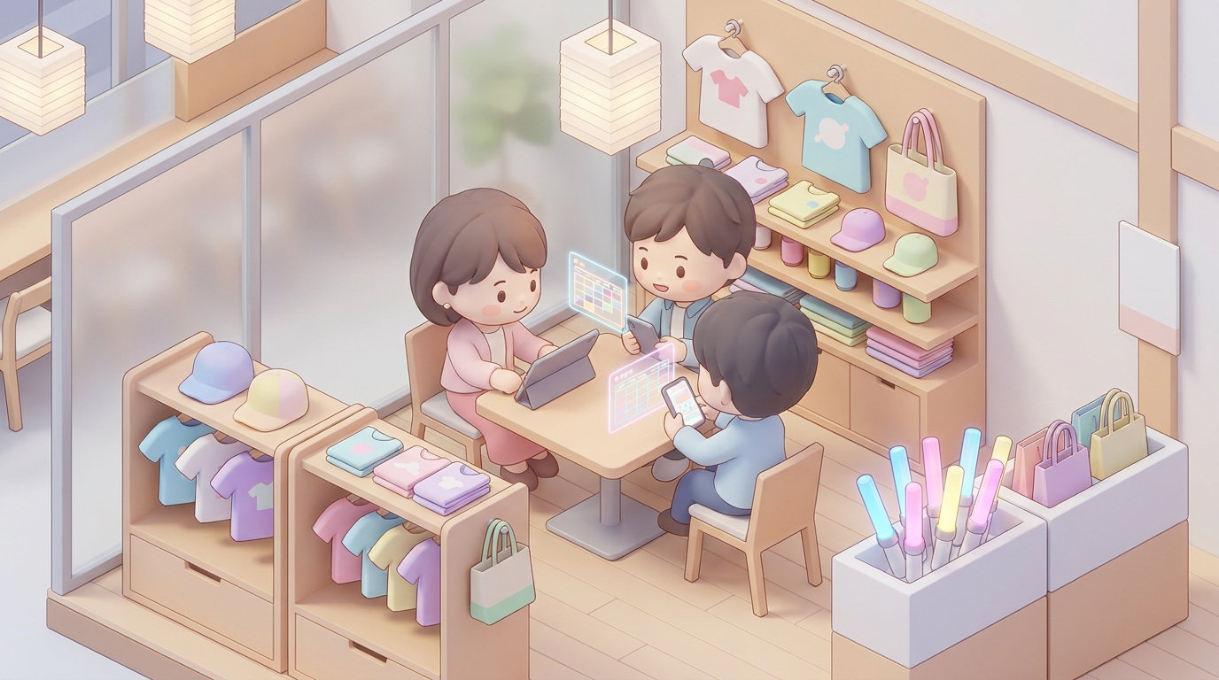A group of friends happily planning an event schedule together on their smartphones, surrounded by colorful merchandise