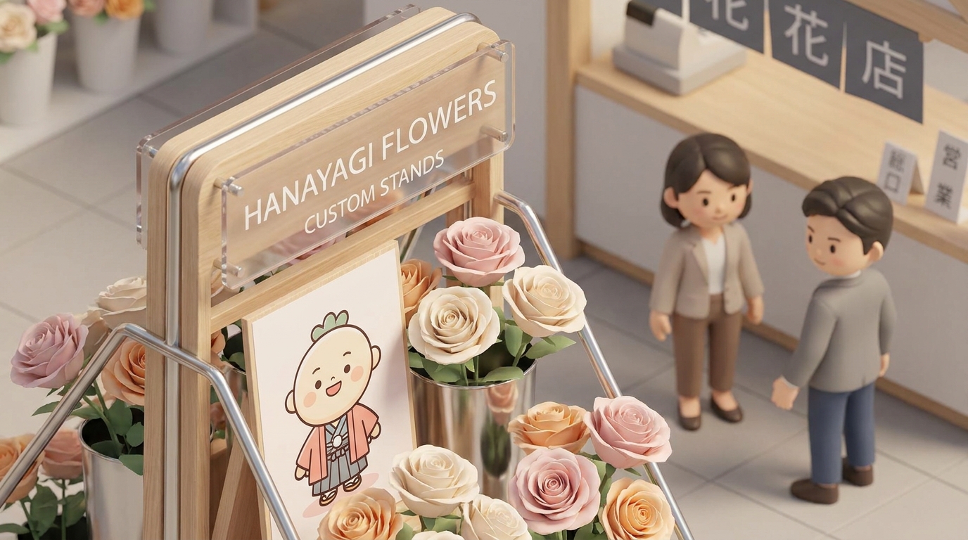 A close-up of a customized flower stand featuring a printed character panel, clear acrylic signs, and elegant pastel ros