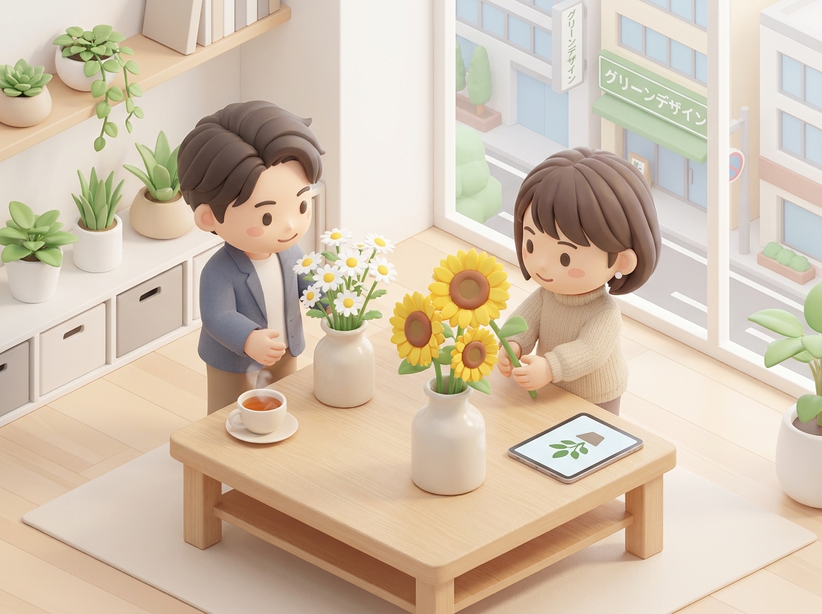 A peaceful studio arrangement of white chamomiles and vibrant sunflowers on a wooden table with soft lighting