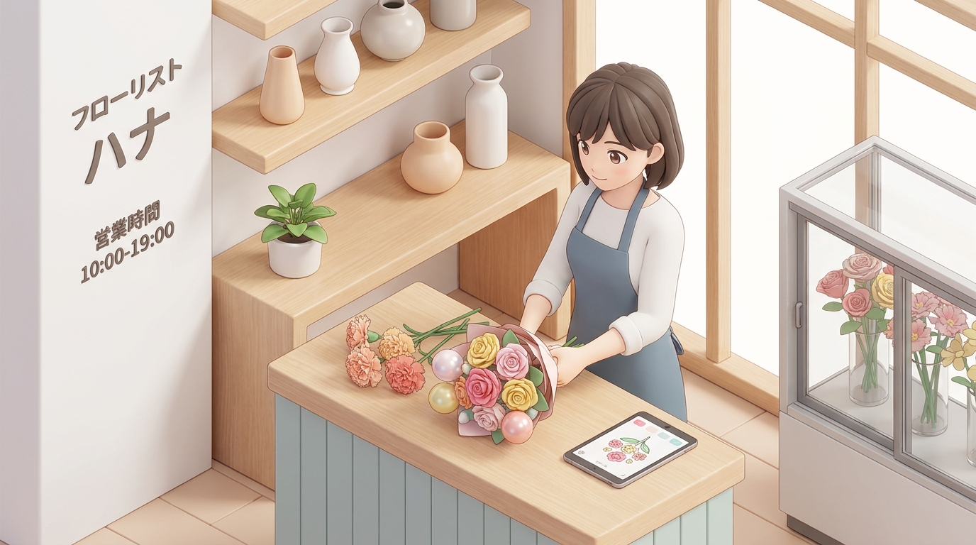 A professional florist carefully assembling a colorful flower arrangement with fresh roses, carnations, and decorative b