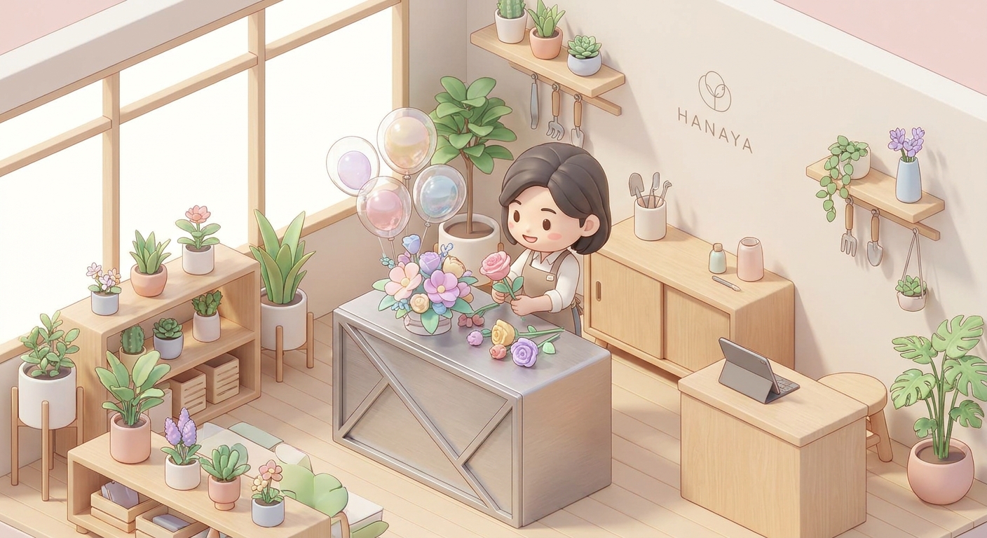 A professional florist carefully arranging vibrant flowers and balloons on a large metal stand in a bright, clean worksh