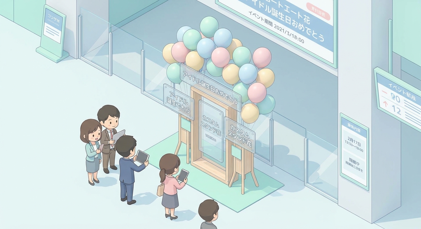 A vibrant custom flower stand decorated with pastel balloons and custom acrylic panels celebrating an idol standard birt